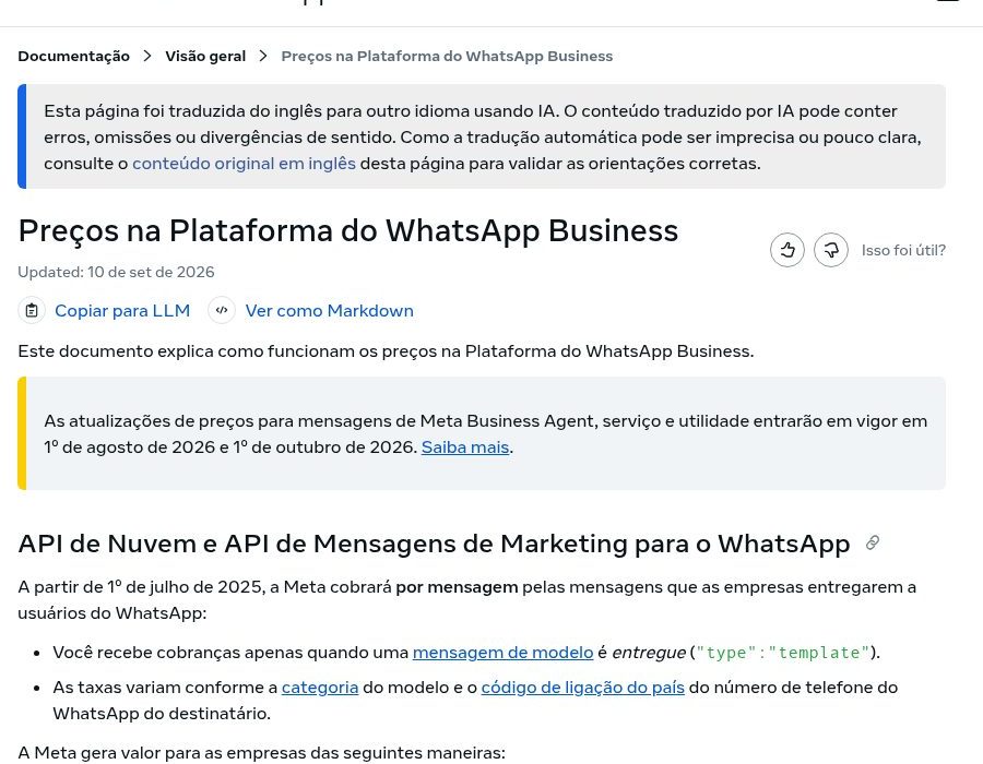 Página de preços da Meta